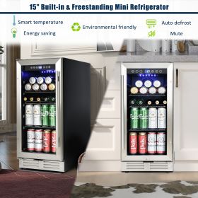 Built-in and Freestanding 15" Mini Beverage Refrigerator/Wine Cabinet, 120 Cans, 37-65Â°F, Quiet, Adjustable Shelves, LED Lighting, ETL