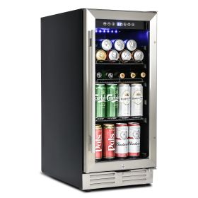 Built-in and Freestanding 15" Mini Beverage Refrigerator/Wine Cabinet, 120 Cans, 34-65Â°F, Quiet, Adjustable Shelves, Touch Controls, Defrost