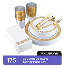 175 Piece Gold Dinnerware Set 25 Guest-50 Gold Lace Plastic Plates-25 Gold Plastic Silverware-25 Gold Plastic Cups-25 Linen Feel Gold Paper Napkins