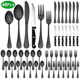 48-Piece Silverware Set Stainless Steel Flatware Cutlery Set Tableware Eating Utensils for 8 with Knife Fork Spoon Dishwasher Safe for Home Kitchen Re (Color: Black)